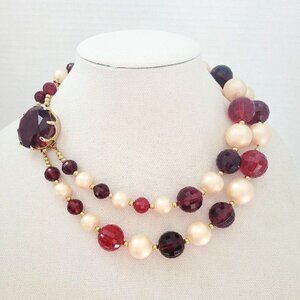 VTG Faux Pearl Cherry Red Faceted Beads Double Multi Strand Choker Necklace 19"
